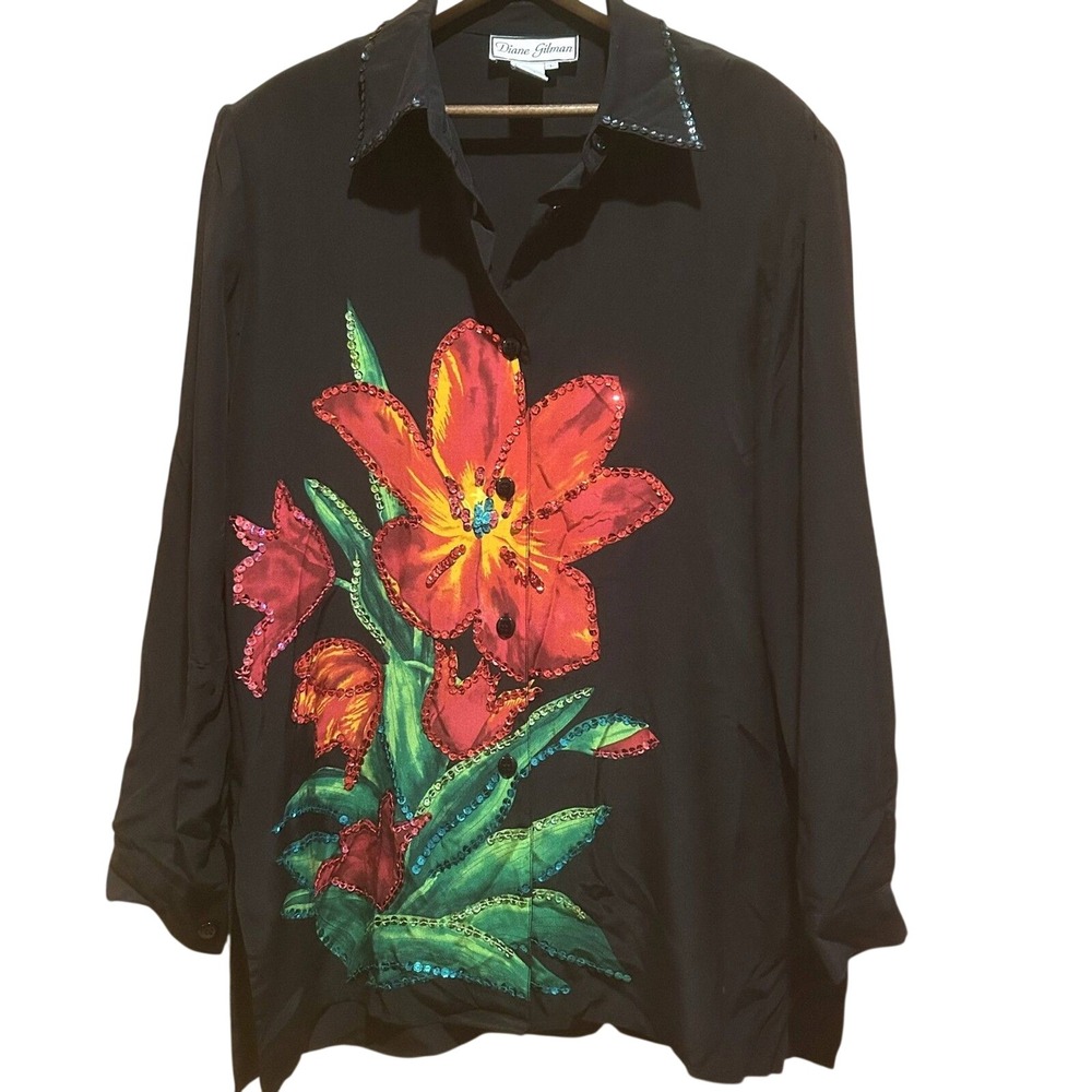 Diane Gilman Black Silk Sequin Floral Button Down Sz L Event Art to Wear‎ Mature